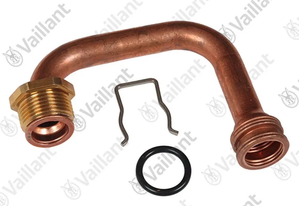 Vaillant Rohr mit gebogenem Kupferdesign, einschließlich einer schraubbaren Verbindung, einer Halteklammer und einer O-Ring-Dichtung, für Heizungsanwendungen.